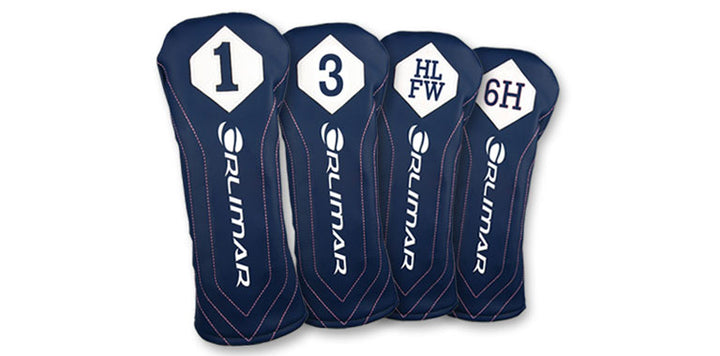 four blue Orlimar Allant headcovers (driver, 3 wood, high-lofted fairway wood and 6 hybrid) with white diamond and white Orlimar name embrodered on the top