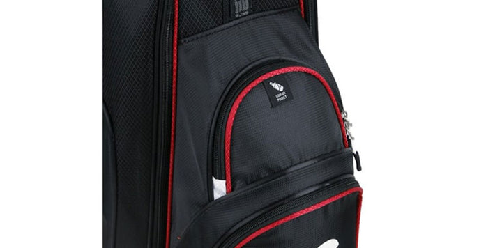 front zippered pockets including an insulated cooler pocket on an Orlimar CRX 14.6 Black/Red Golf Cart Bag