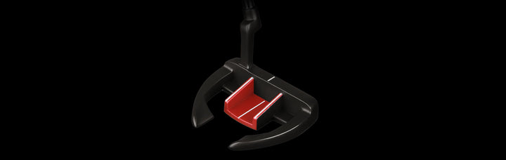 angled top and rear view of a right handed Black Orlimar F3 Putter with red alignment feature behind the face