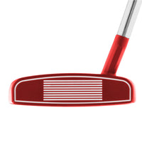 Red Orlimar golf putter with white accents on a white background