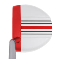 Close-up of an Orlimar putter with red and black alignment lines on a white body