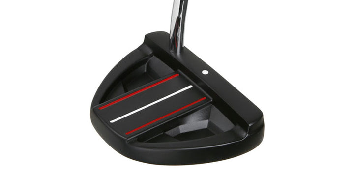 angled top and rear view of a right handed black Orlimar F70 Putter with 3 alignment lines and single alignment dot