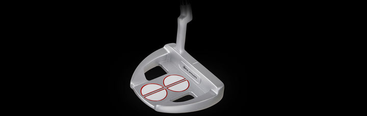angled top and rear view of a right handed silver Orlimar F75 Putter with two half circle alignment guides
