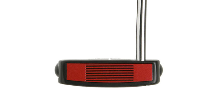 Face view of a black Orlimar F80 mallet putter with red face insert and heel-shafted steel shaft