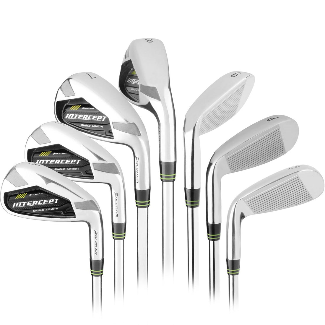 fanned out view of the clubheads in the Orlimar Intercept Single Length Iron Set