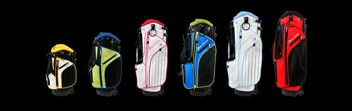6 different colors and sizes of Orlimar ATS junior golf bags going from smallest (left) to largest (right)