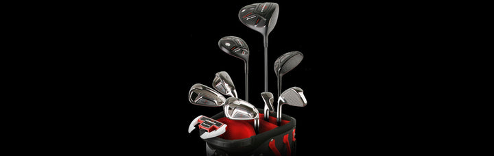 10 Orlimar Mach 1 golf clubs insidethe top of a black and red golf bag
