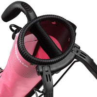 angled top view of rose pink Orlimar Pitch 'N Putt Lightweight Stand Carry Bag with 2-way divider top and carry handle