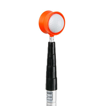 side angle of the top portion of an Orlimar Fluorescent Head Golf Ball Retriever with white golf ball in the orange fluorescent head