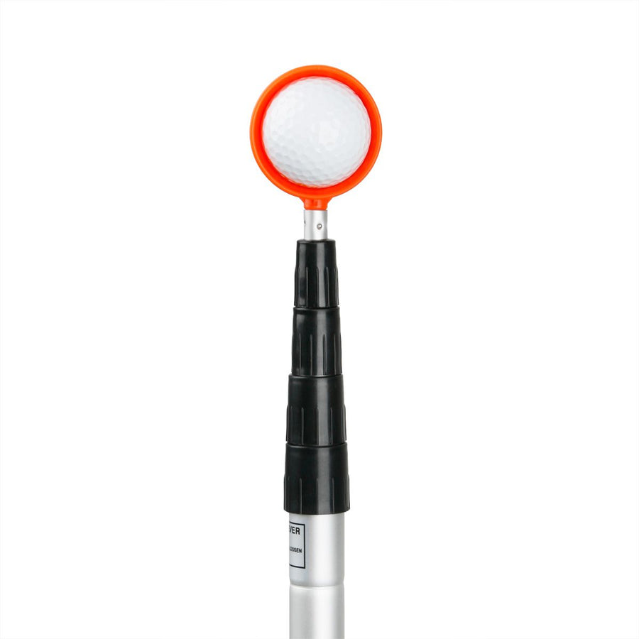 front on angle of the top portion of an Orlimar Fluorescent Head Golf Ball Retriever with white golf ball in the orange fluorescent head