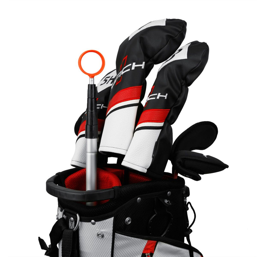 an Orlimar Fluorescent Head Golf Ball Retriever in a golf bag with golf clubs