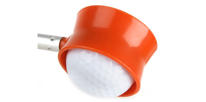 Orlimar Fluorescent Head Golf Ball Retriever holding a white ball upside down in the orange ring