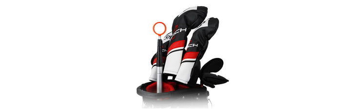 golf clubs inside a golf bag with an Orlimar Fluorescent Head Golf Ball Retriever in one of the slots
