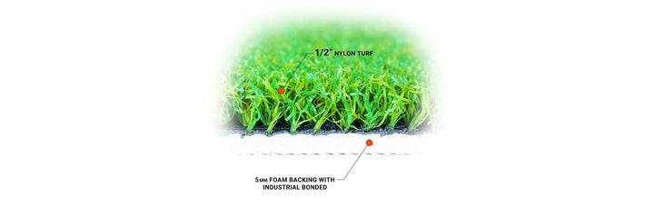 up close view of the dimensions of the nylon turf and foam backing on an Orlimar Residential Golf Mat 