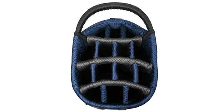 top view of an Orlimar SRX 14.6 Blue Golf Stand Bag with 14-way divider top and top lift handle