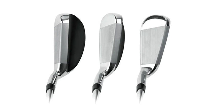 op view of a long hybrid iron, mid hybrid iron and wedge in the men's Orlimar Stratos Hybrid Iron set
