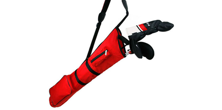 3 golf clubs with headcovers on inside a red Orlimar Sunday Golf Bag with shoulder strap extended