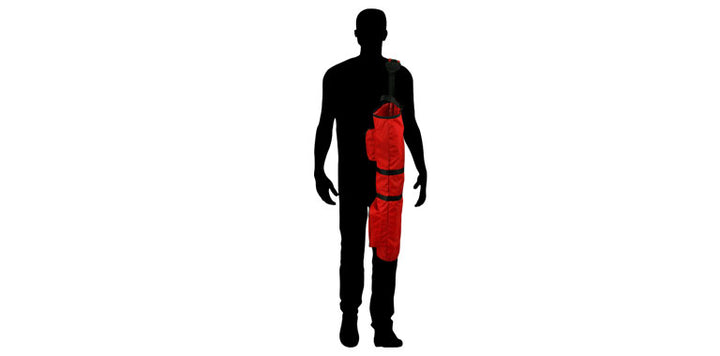 black silhouette of a man with a red Orlimar Sunday Golf Bag hung on his shoulder
