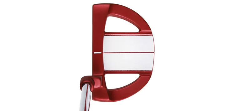 top view of a red Orlimar Tangent T1 Mallet Putter with contrasting white back cavity and single red alignment line