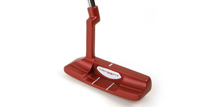 top and back angled view of a red Orlimar Tangent T2 Blade Putter with white medallion in cavity