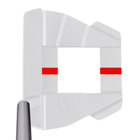 Golf putter head with broken red alignment lines on a white background