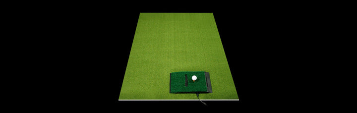 top angled view of an Orlimar Golf Mat with the Optishot 2 In-Home Golf Simulator in the pre-cut hole