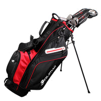 Orlimar Mach 1 Pro complete golf set including driver, 3 wood, 5 hybrid, 6-9 irons, PW, SW, 3 headcovers and stand bag with legs extended