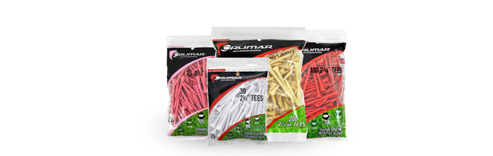 four assorted retail bags of Orlimar Golf Tees of different colors, sizes and quanities