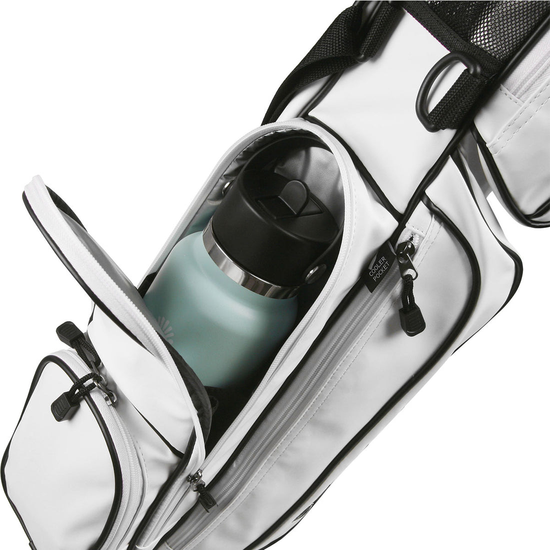 40 oz. cooler bottle inside the insulated cooler pocket of a white/black Orlimar Pitch &