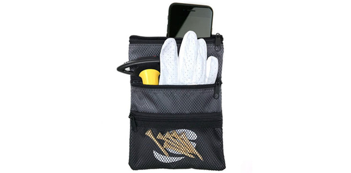 front view of a black Orlimar Golf Detachable Accessory Pouch with cell phone, white glove and 6 natural golf tees inside the mesh pocket