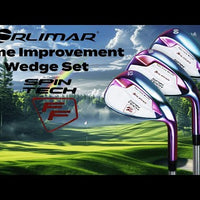 3 sets of Orlimar Spin Tech Full Face 52, 56 and 60 degree wedges with rainbow finish against a backdrop of a golf course and mountains in the background