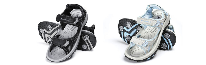 a pair of dark gray Orlimar Men's Golf Sandals next to a pair of light grey/aqua Orlimar Women's Golf Sandals