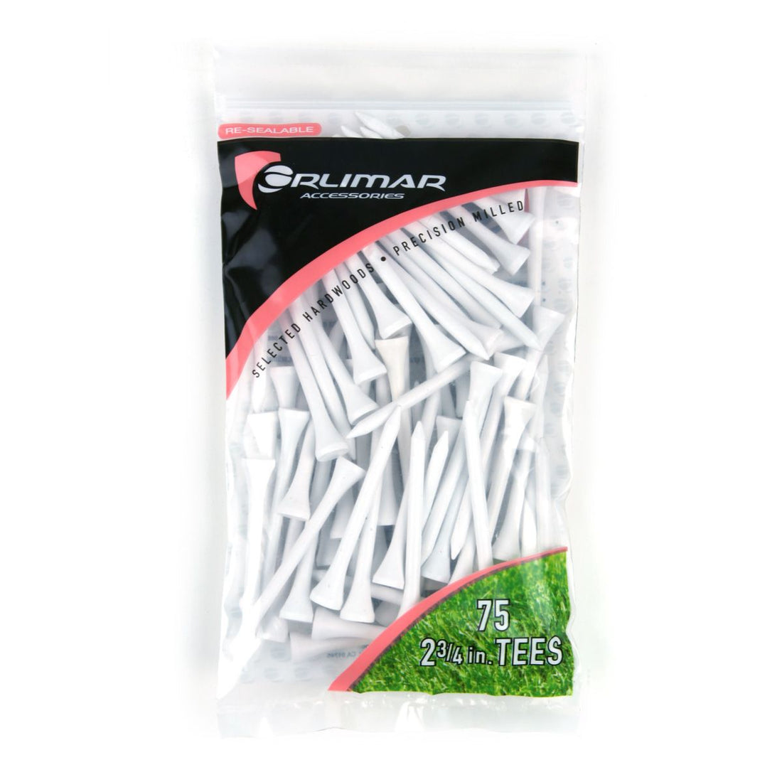 75 pack 2 3/4" Orlimar White Golf Tees in resealable packaging