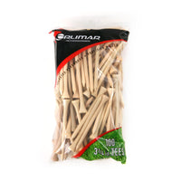 100 pack of 3 1/4" tall natural Orlimar Wooden Golf Tees in resealable packaging
