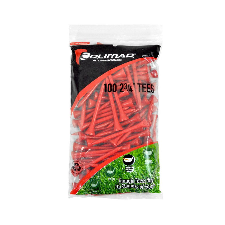 100 pack 2 3/4" Orlimar Red Golf Tees in resealable packaging