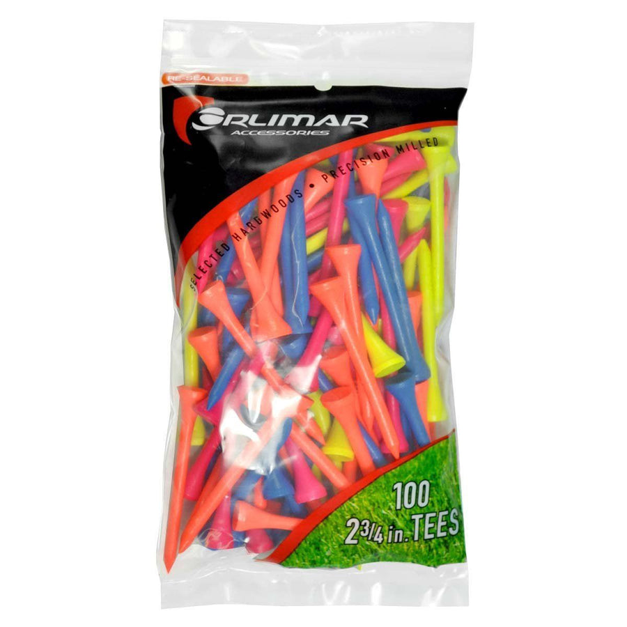 100 pack of multi-color 2 3/4" Orlimar Wooden Golf Tees in resealable packaging