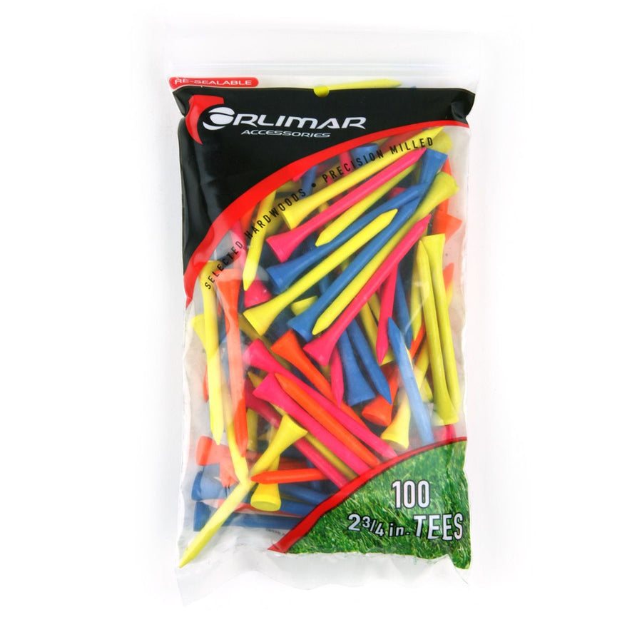 100 pack of multi-color fluorescent 2 3/4" Orlimar Wooden Golf Tees in resealable packaging