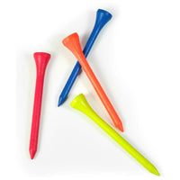 individual red, blue, orange and yellow Orlimar wood golf tees