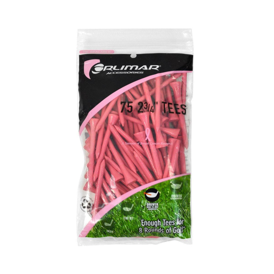 75 pack 2 3/4" Orlimar Pink Golf Tees in resealable packaging