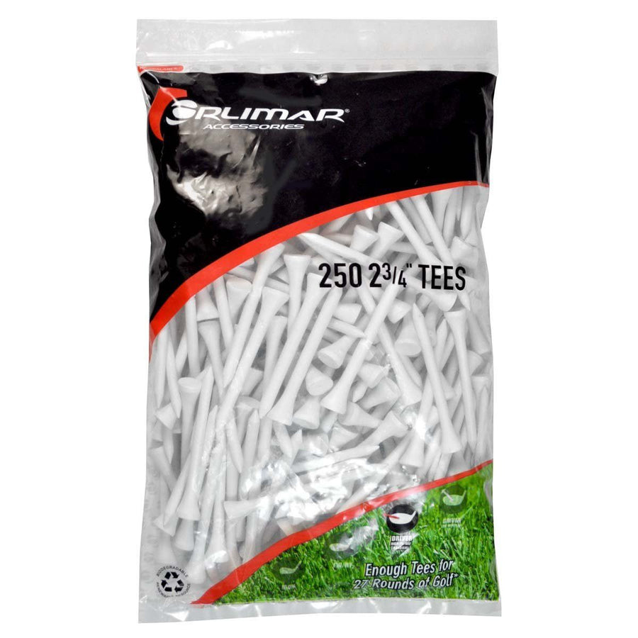 250 pack of 2 3/4" tall Orlimar White Wooden Golf Tees in resealable packaging