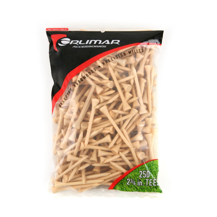 250 pack of 2 3/4" tall natural Orlimar Wooden Golf Tees in resealable packaging