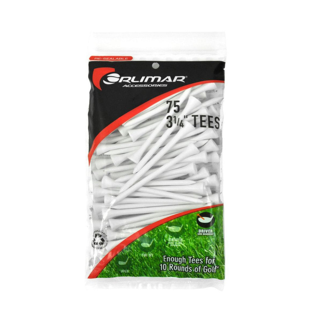 75 pack of 3 1/4" tall white Orlimar Wooden Golf Tees in resealable packaging