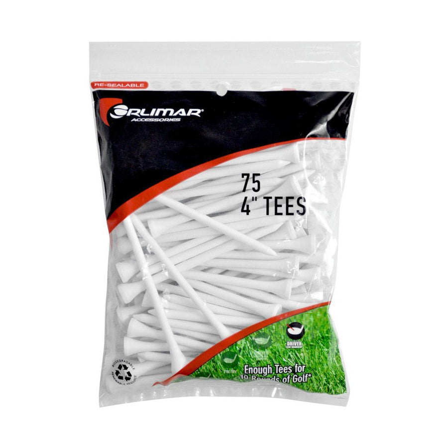 75 pack of 4" tall Orlimar White Wooden Golf Tees in resealable packaging