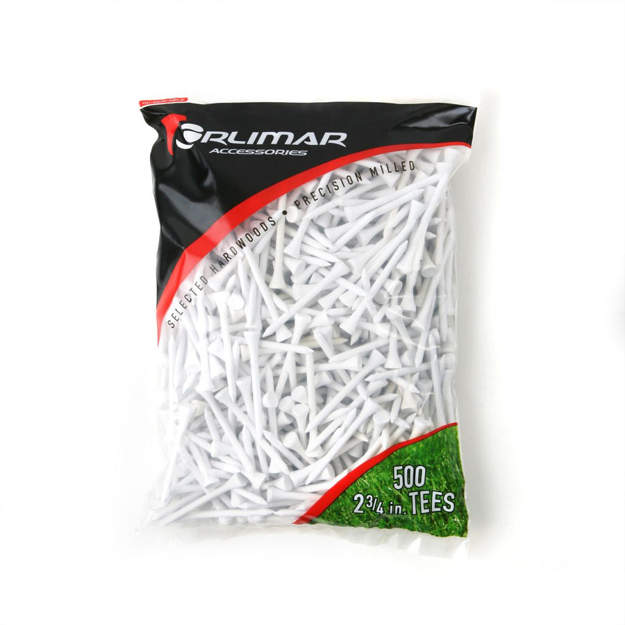 500 pack of 2 3/4" tall Orlimar White Wooden Golf Tees in resealable packaging