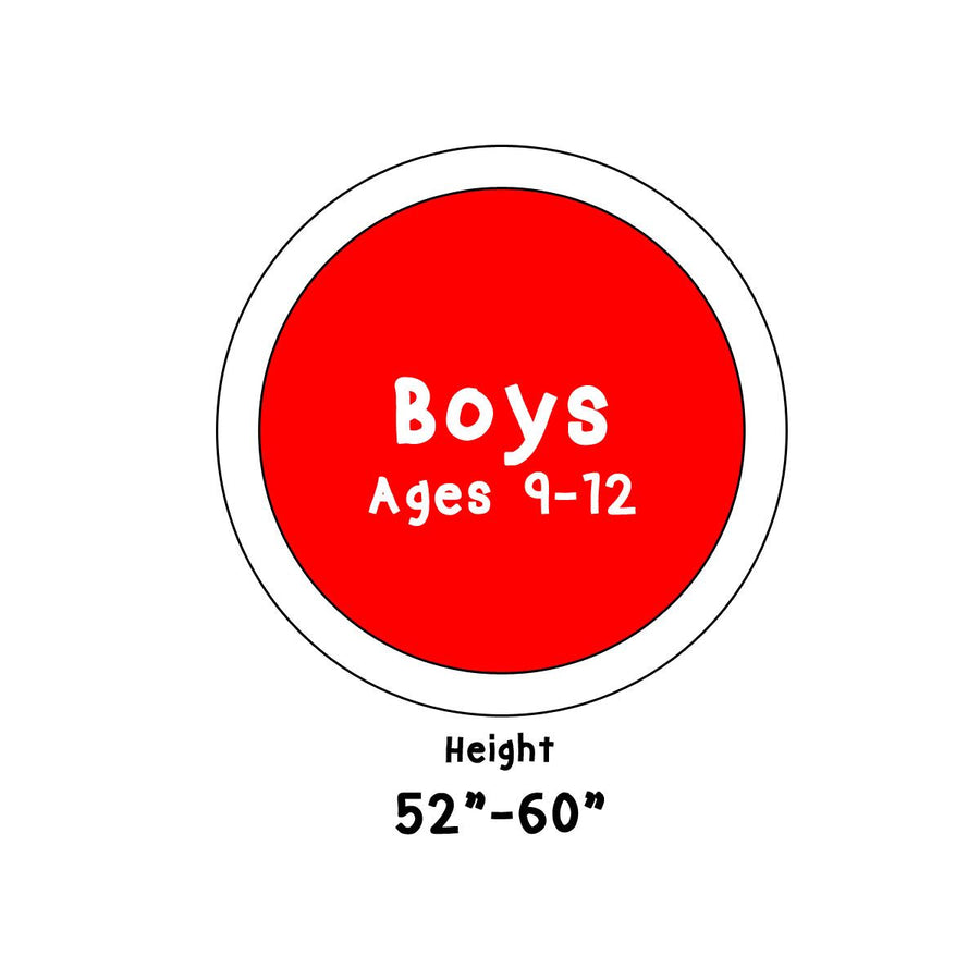 icon with Boys Ages 9-12 in red circle and text Height 52" - 60"