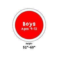 icon with Boys Ages 9-12 in red circle and text Height 52" - 60"