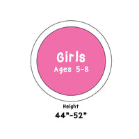 icon with Girls Ages 5-8 in pink circle and text Height 44" - 52"