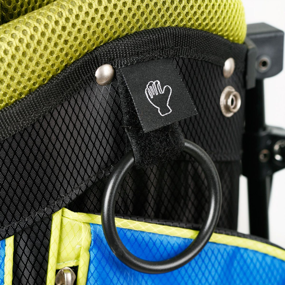 Velcro glove holder and towel ring on a black/lime green/blue Orlimar ATS Junior Golf Bag