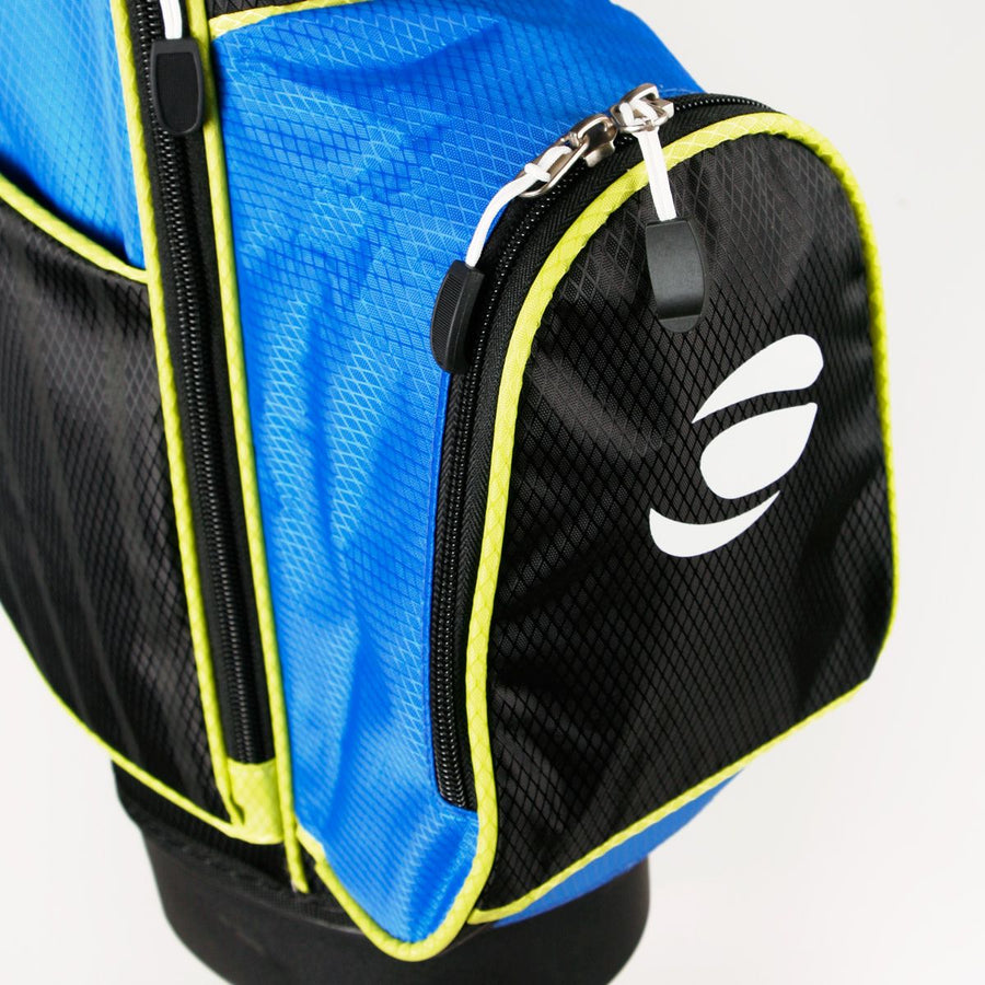 zippered front pocket on a blue/lime green Orlimar ATS Junior Golf Bag