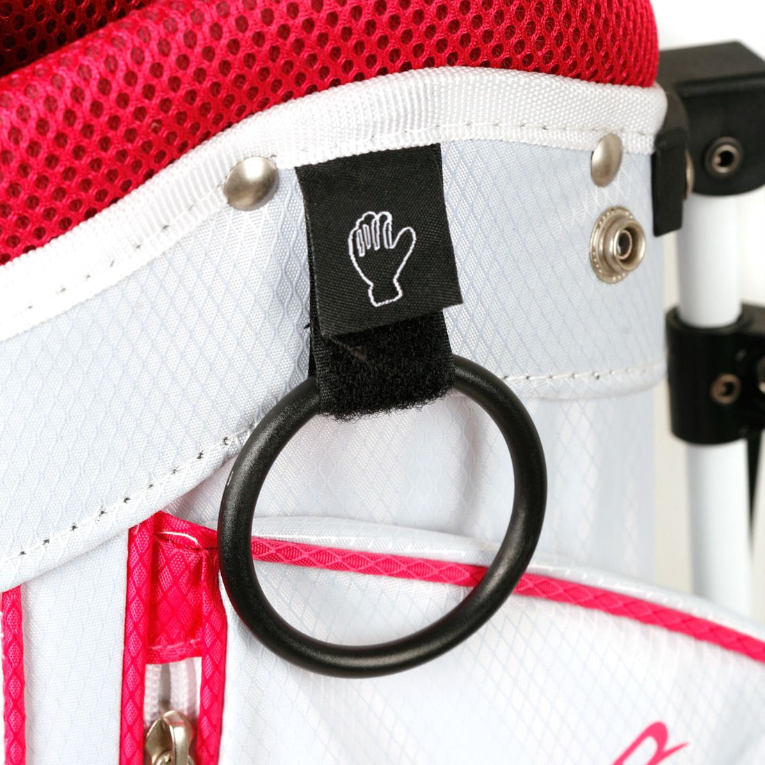 Velcro glove holder and towel ring on a white/pink Orlimar ATS Junior Golf Bag